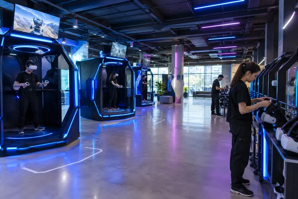 modern VR arena interior with equipment