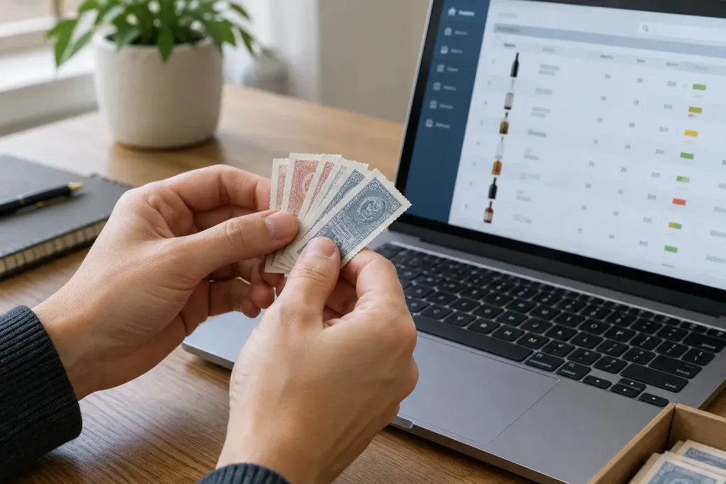 Паперові акцизні марки на столі з ноутбуком