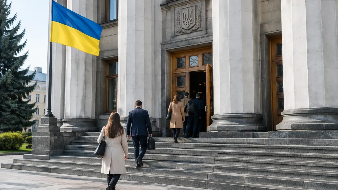 Кабінет Міністрів біля входу з прапором