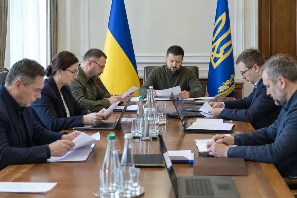 государственные чиновники с документами у флага
