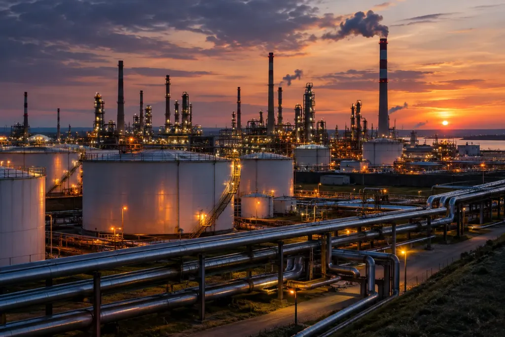 нефтеперерабатывающий завод на закате