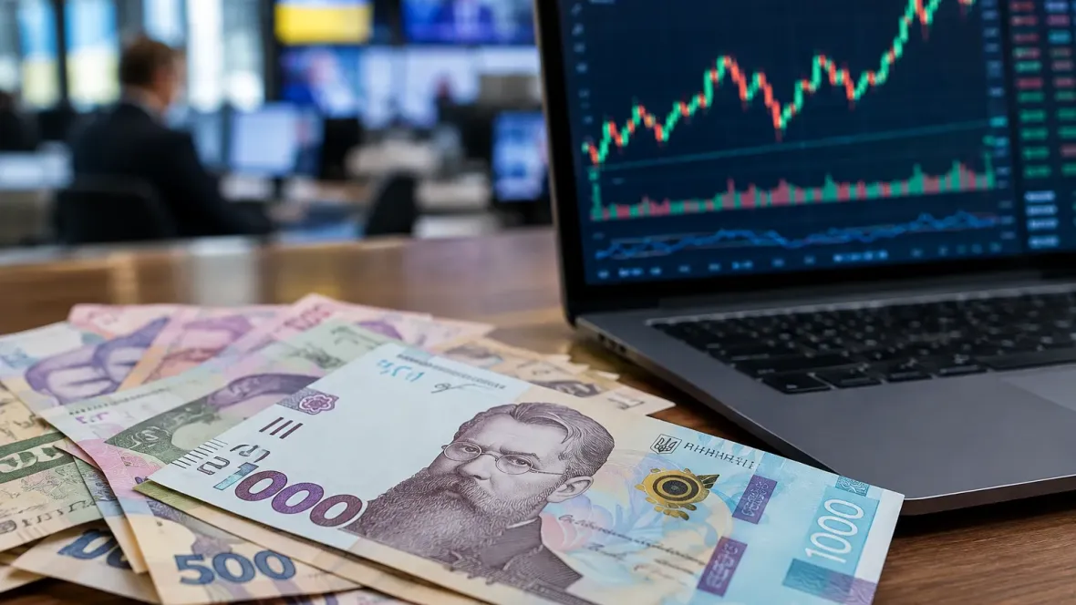 Гривневі банкноти та фінансові графіки