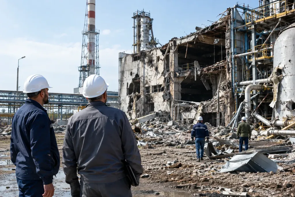 Пошкоджені виробничі споруди і робітники в касках