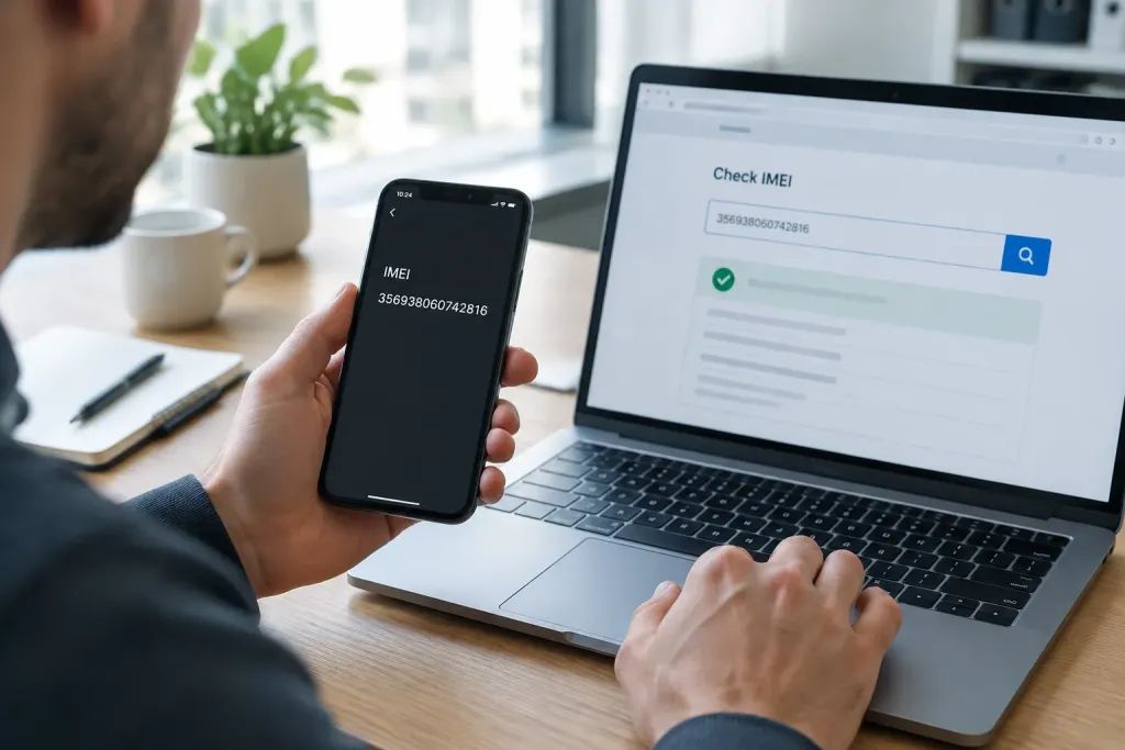 человек проверяет IMEI на экране компьютера