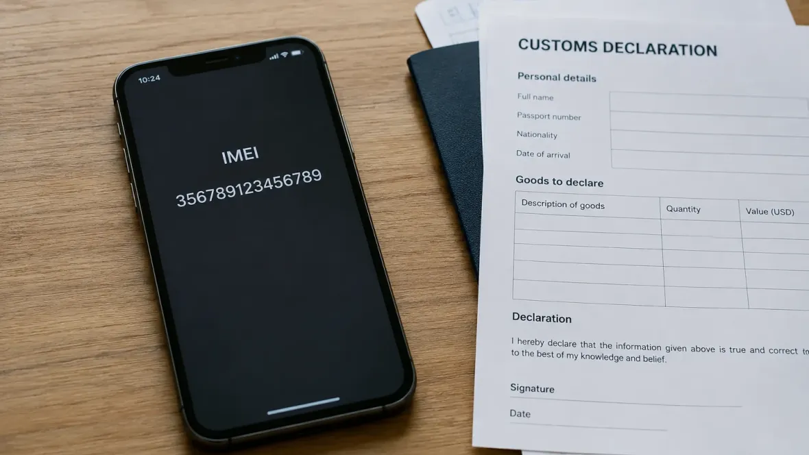 смартфон з IMEI на екрані та документами