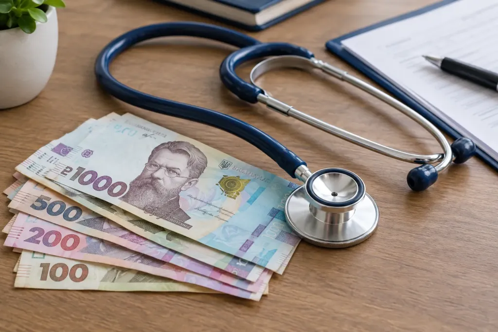 hryvnia banknotes and stethoscope on desk