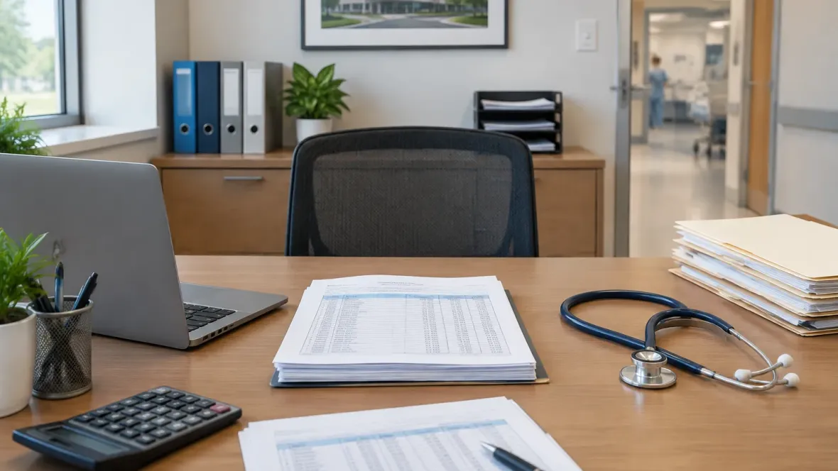payroll documents and stethoscope on desk