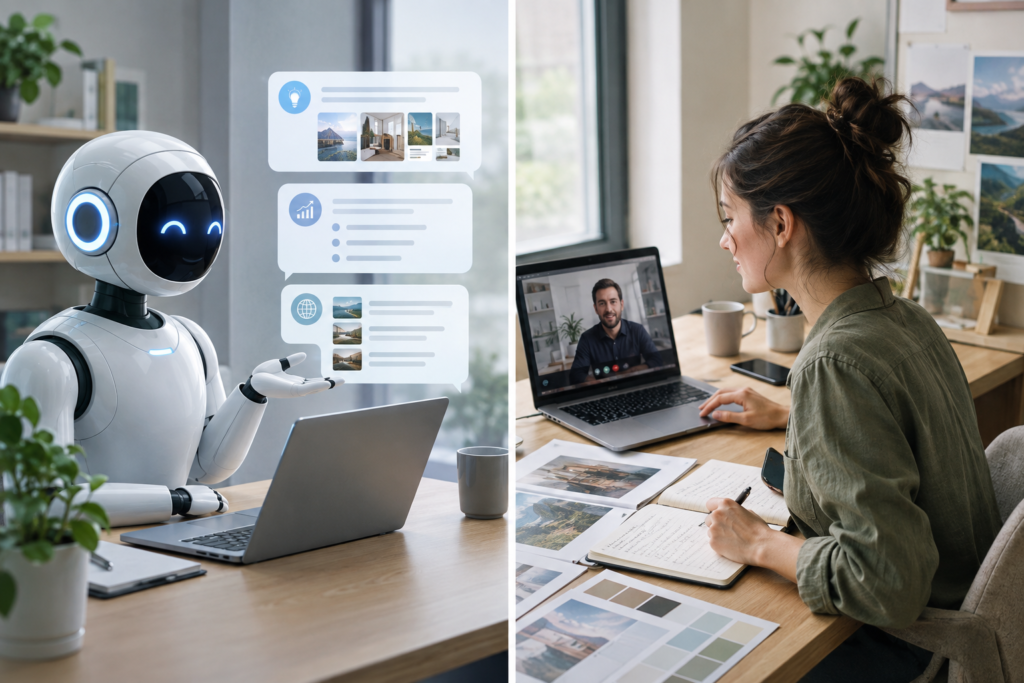 AI assistant next to a freelancer adapting a portfolio and communicating with foreign clients