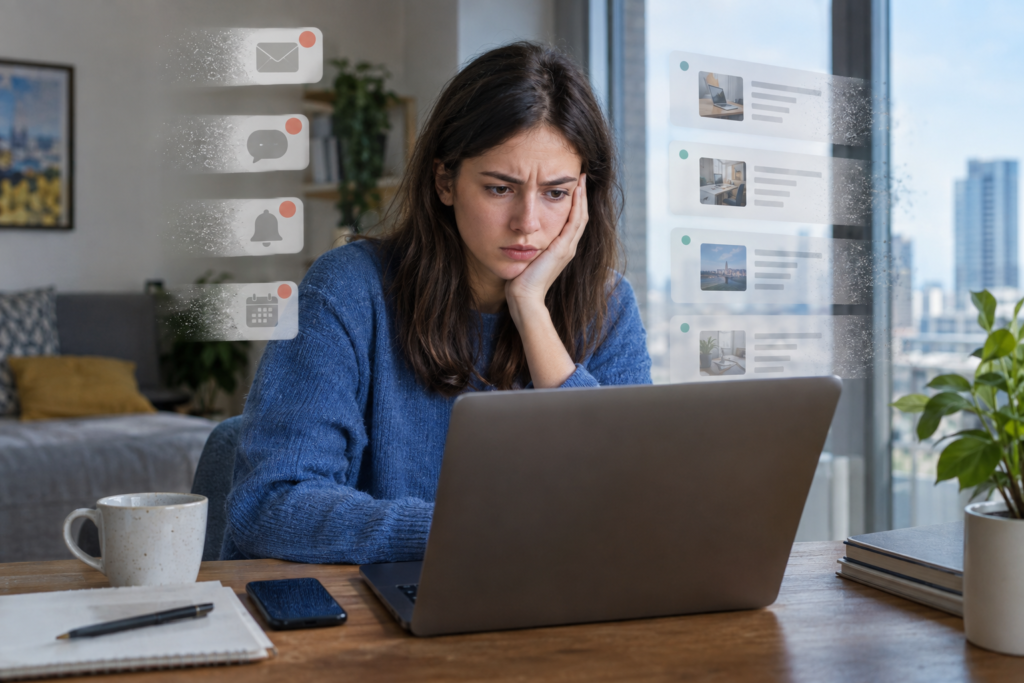 Ukrainian freelancer at a laptop, worried about fewer orders