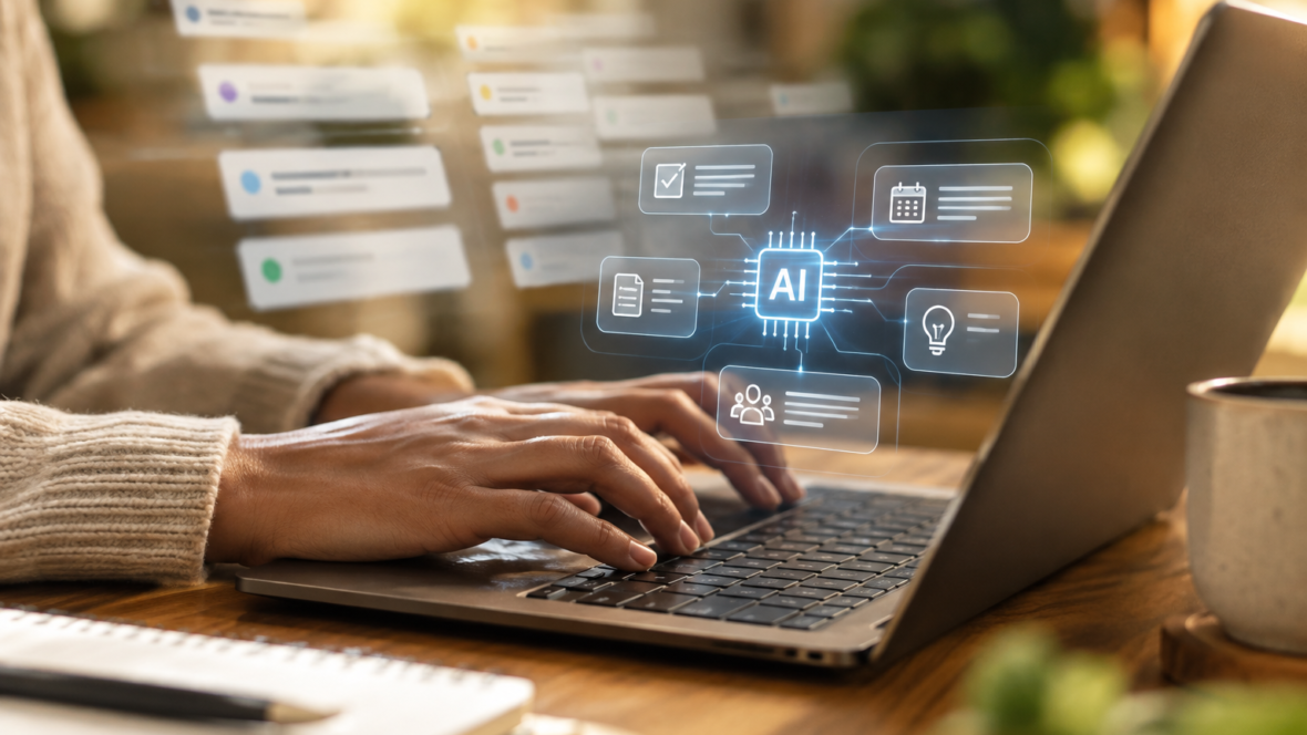 A freelancer's hands on a keyboard against fading project lists and an AI hologram