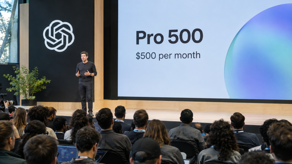 Сцена конференції з брендингом OpenAI і слайдом про Pro 500 за $500 на тлі аудиторії