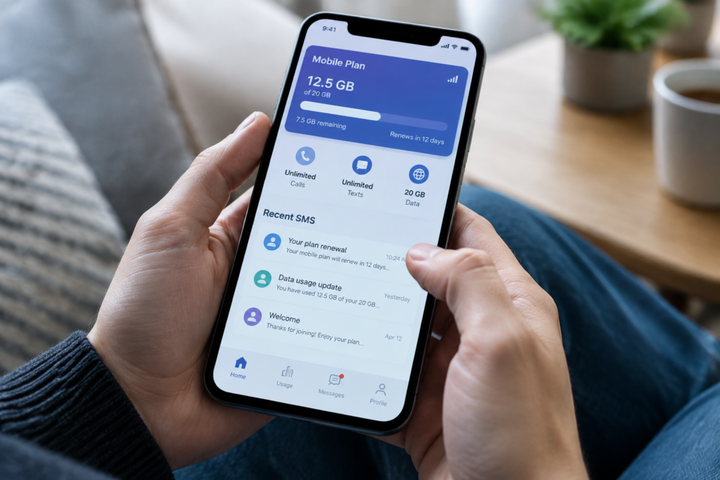 Користувач перевіряє тариф у застосунку та SMS на смартфоні