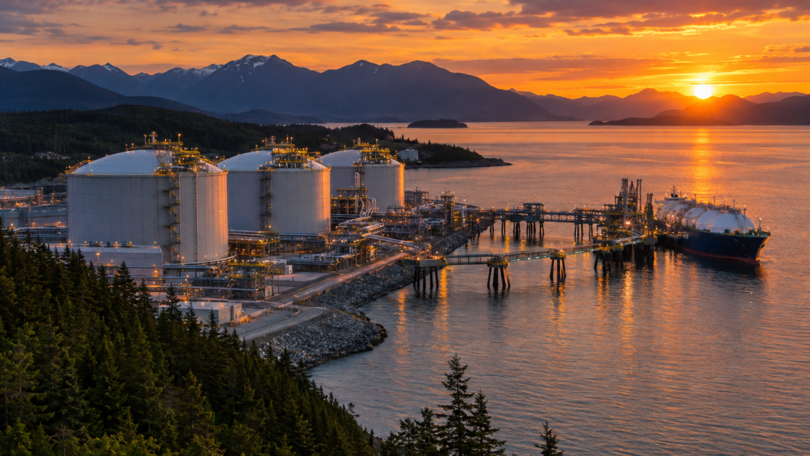 Термінал LNG Canada на заході сонця з резервуарами та причалом