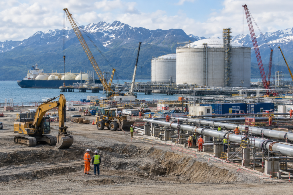 Будівництво другої фази термінала LNG з кранами та трубопроводами на тлі гір
