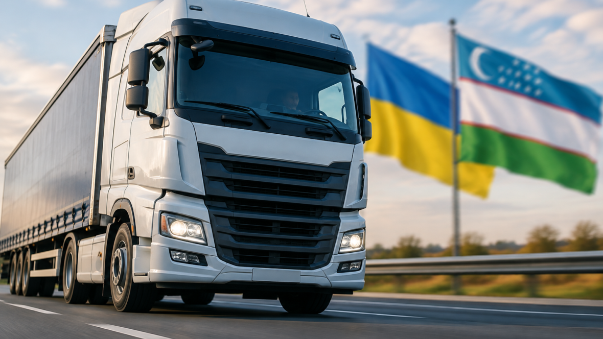 вантажівка на шосе на фоні розмитих прапорів України та Узбекистану