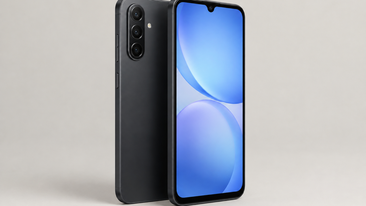 Samsung Galaxy A17 5G на нейтральному фоні, видно екран і частину задньої панелі