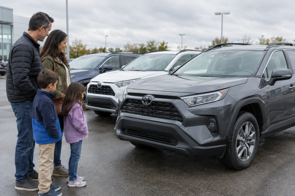 Сім’я оглядає лінійку кросоверів на стоянці з Toyota RAV4 на передньому плані