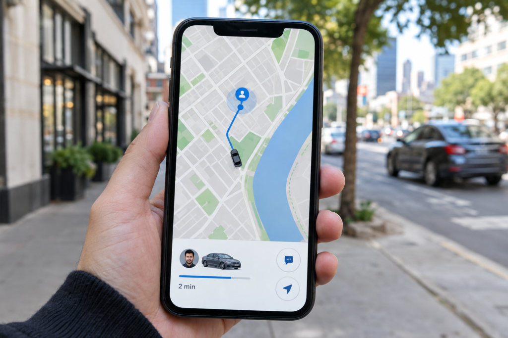 екран смартфона з живою мапою застосунку BlaBlaCar іконка авто біля точки посадки