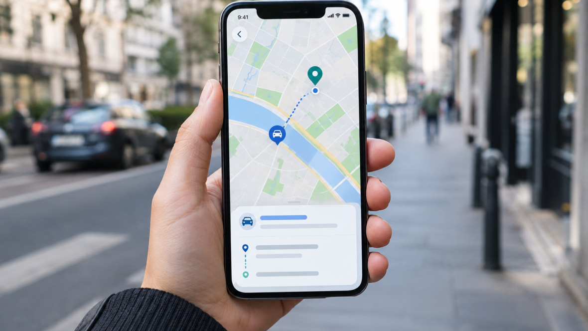 особа тримає смартфон з живою мапою Ease Pickup у застосунку BlaBlaCar