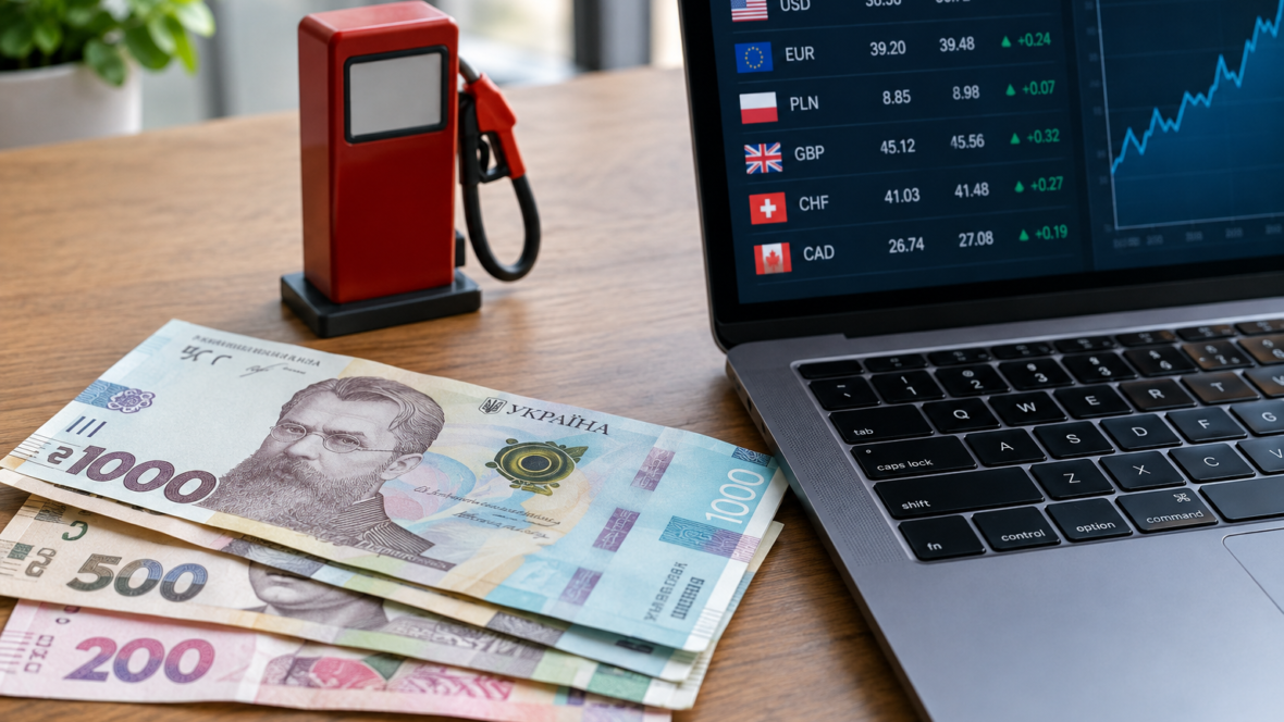 Гривневі купюри поруч із ноутбуком з курсами та моделлю бензозаправки