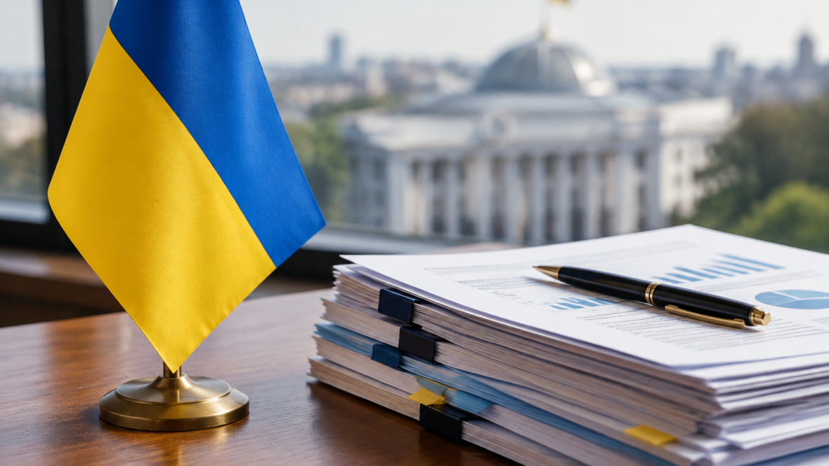 український прапор біля стопки політичних документів і ручки, символізує нагальність для бюджету