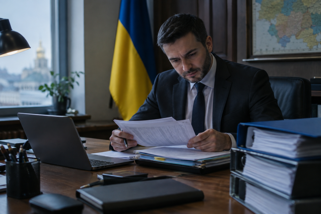 урядовець переглядає документи бюджету за столом, ноутбук і папки, офісна атмосфера українська