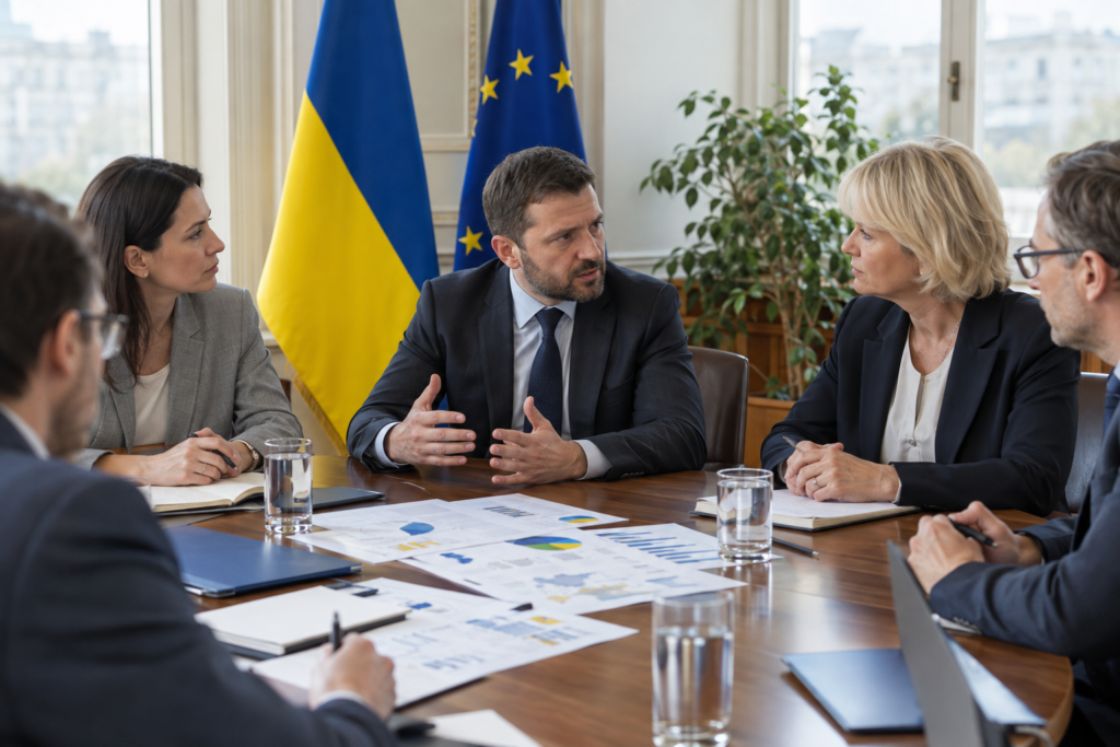 Ілюстрація: українські документи та прапори ЄС під час переговорів про індикатори