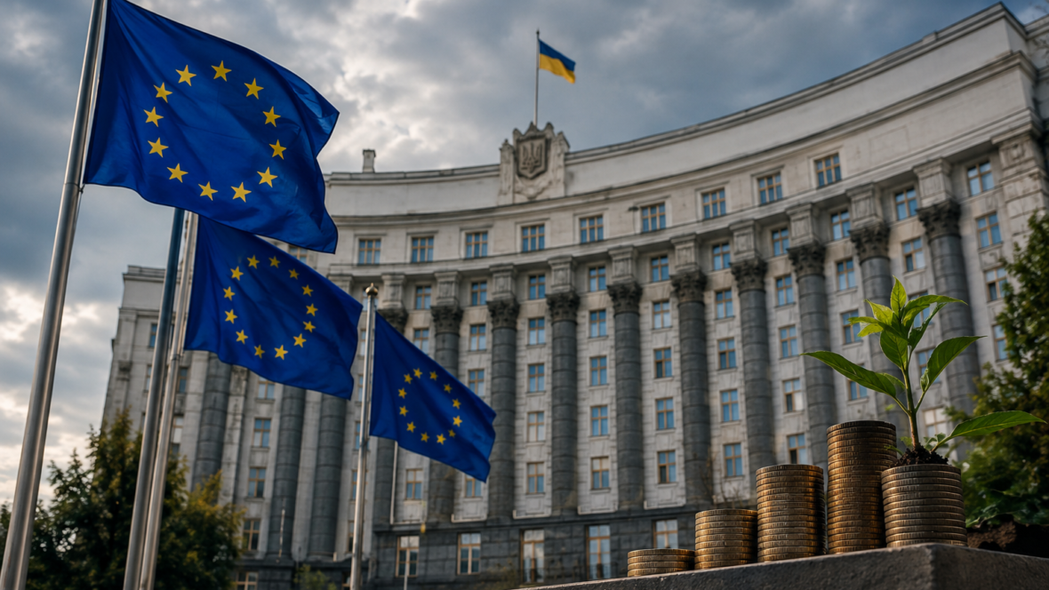 Фото: урядова будівля України на тлі прапорів ЄС, символ допомоги та реформ
