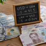 долари і гривні на столі з табличкою курсу