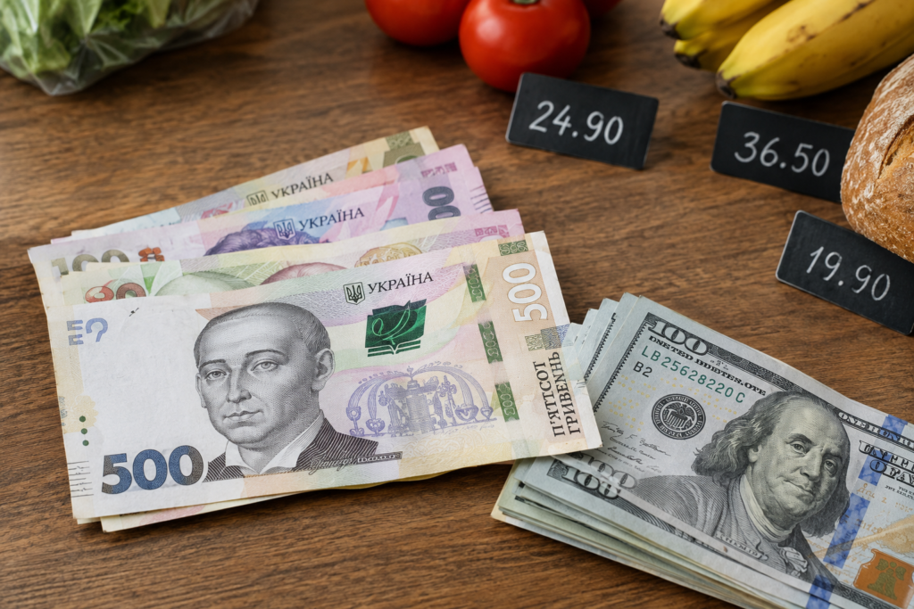 гривні та долари поруч з цінниками на продукти
