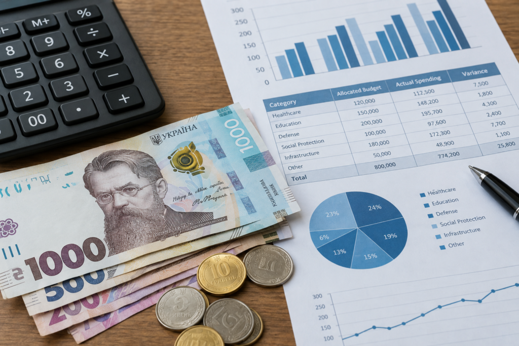 Гроші і калькулятор на фоні сторінок проєкту державного бюджету