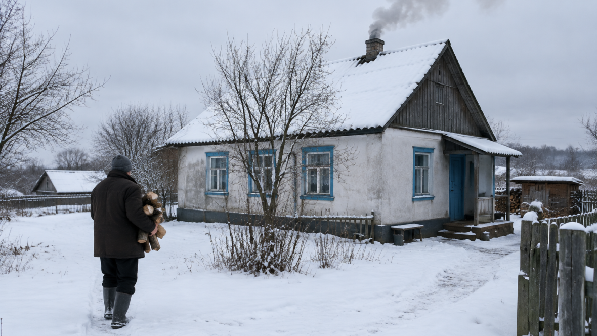 Будинок узимку з димарем і людиною що несе дрова