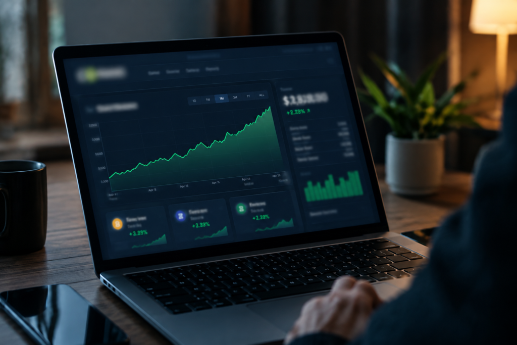 Екран ноутбука з підозрілою інвестиційною платформою та імітованими графіками прибутку українською мовою