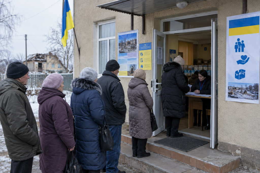 Черга людей у невеликому муніципальному центрі на прифронтовій території, з вікнами центру та посадовими плакатами