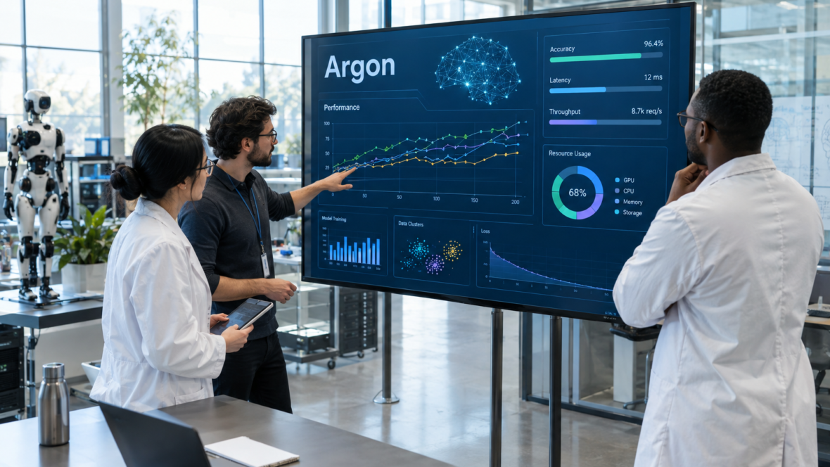 інженери у лабораторії біля екрана з написом Argon і графіками