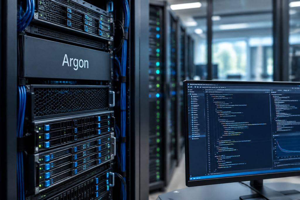 сервери й екран з кодом та написом Argon у лабораторії ШІ