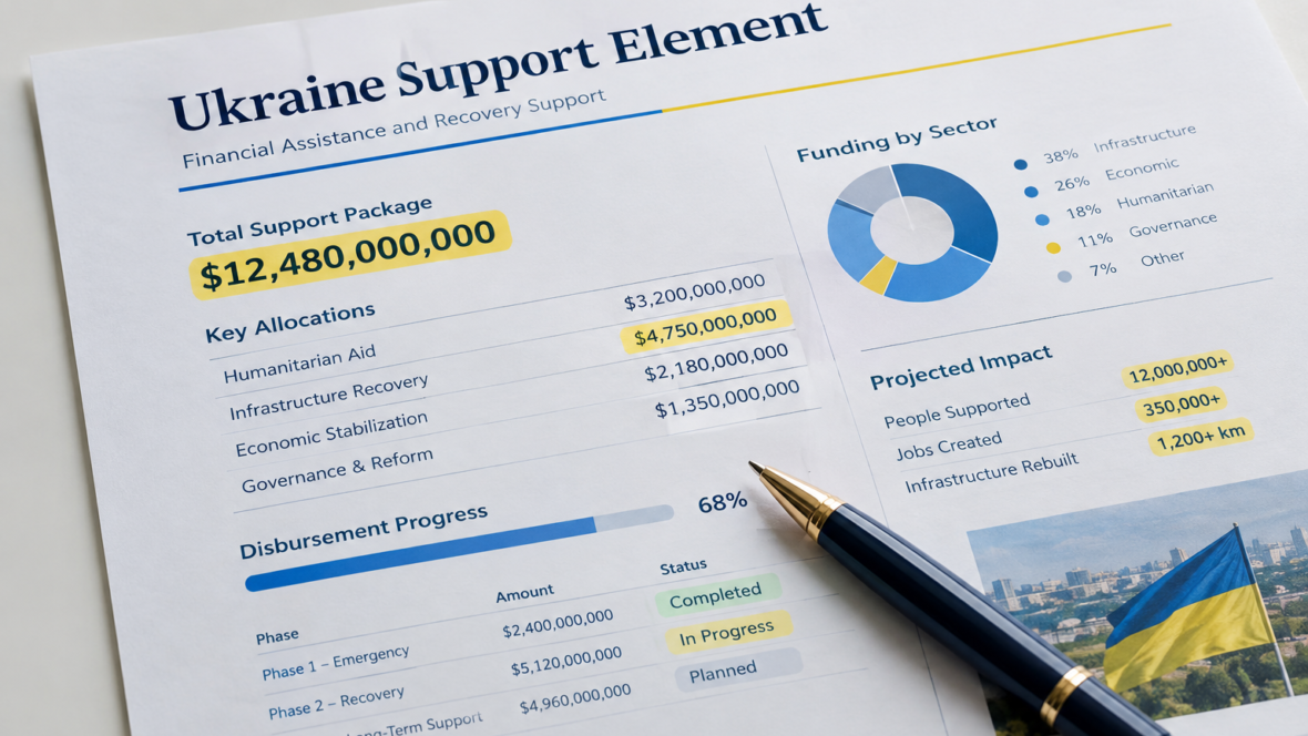 Фінансовий звіт Ukraine Support Element з виділеними сумами і ручкою
