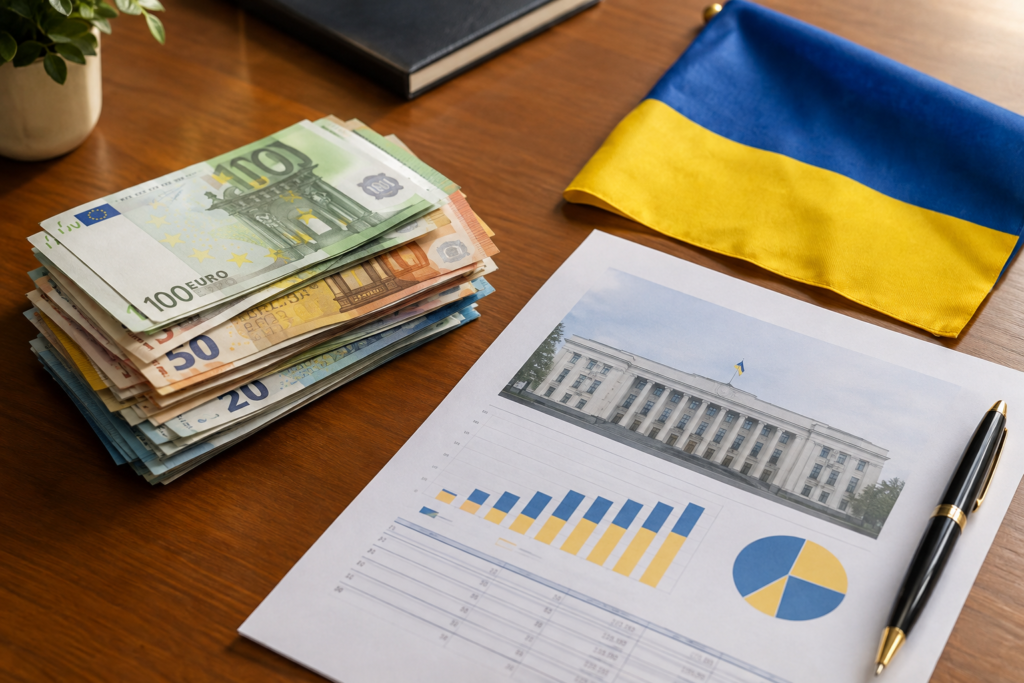 Купюри євро поруч з українським прапором і документом бюджету