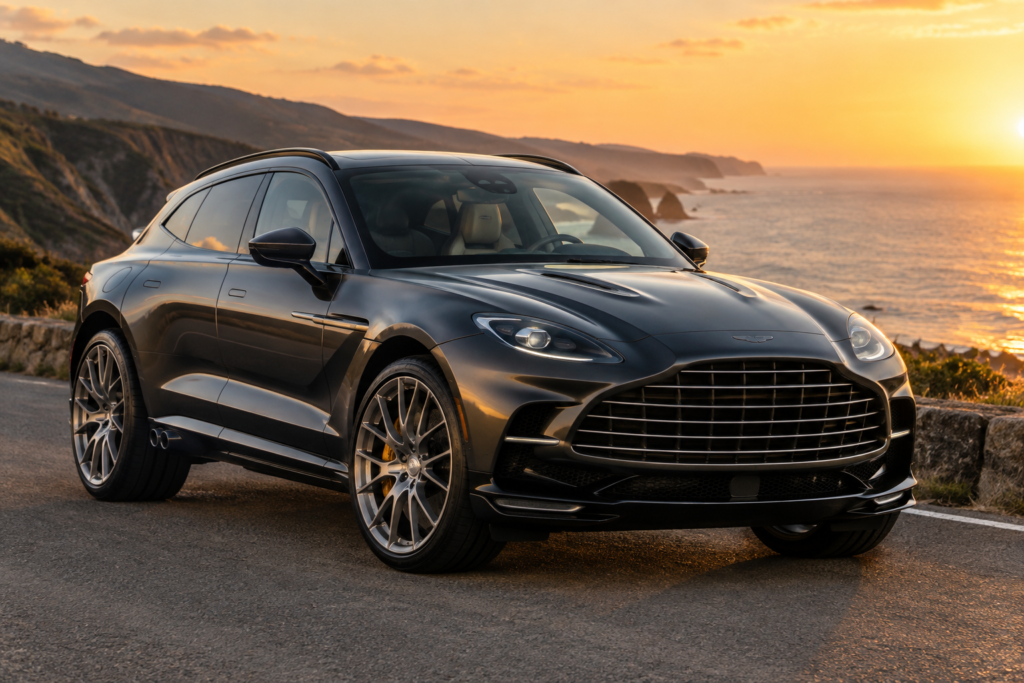 Aston Martin DBX GT збоку спереду у золотавому світлі, 22‑дюймові диски, чотиритрубний вихлоп