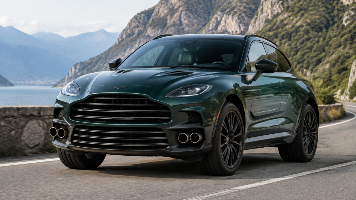 Aston Martin DBX GT спереду збоку на дорозі, подвійна решітка і чотиритрубний вихлоп