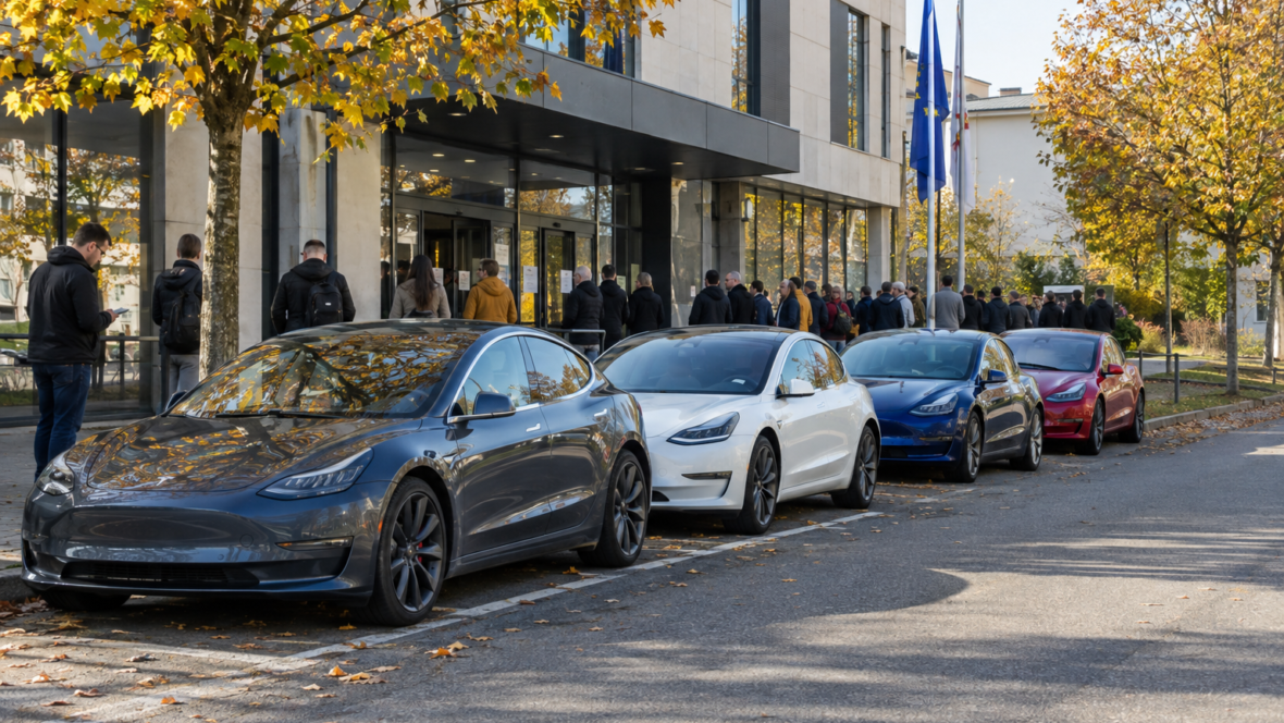 Автомобілі Tesla біля європейського реєстраційного офісу з чергою людей