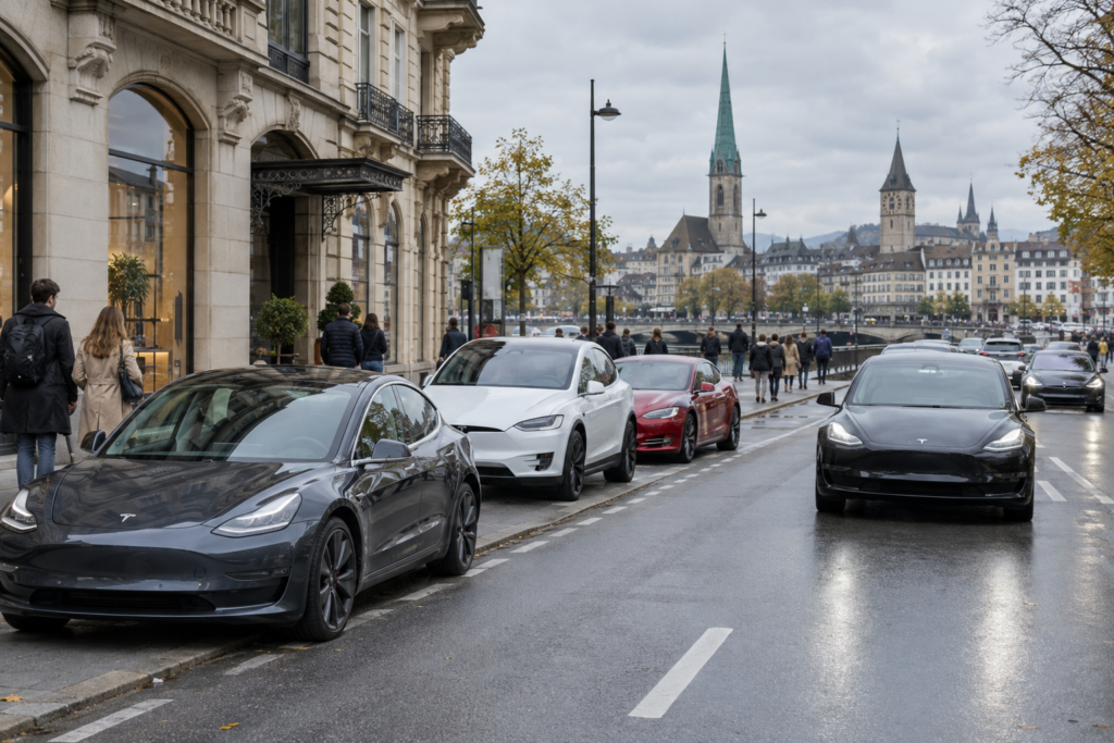 Вулиця європейського міста з кількома автомобілями Tesla і пішоходами