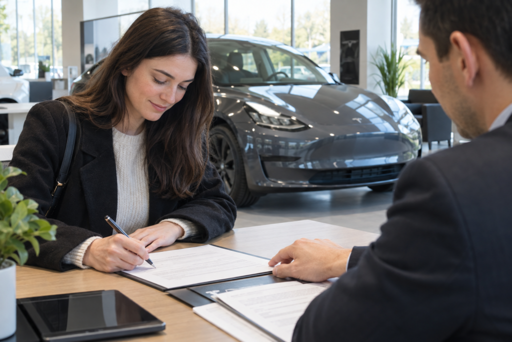 Процес реєстрації Tesla у салоні на столі лежать документи