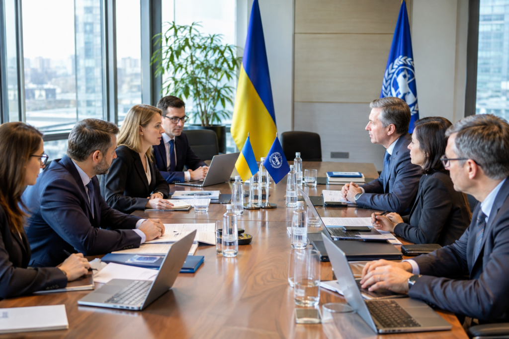 Переговори представників уряду та МВФ у конференцзалі