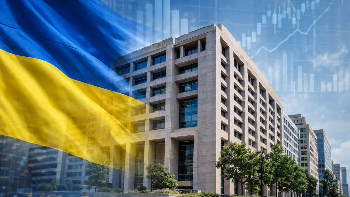 Офіційний вигляд штаб-квартири МВФ з українським прапором і фінансовими графіками
