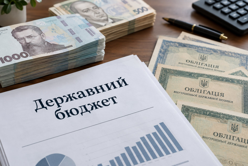 документи Державного бюджету, банкноти та сертифікати ОВДП на столі