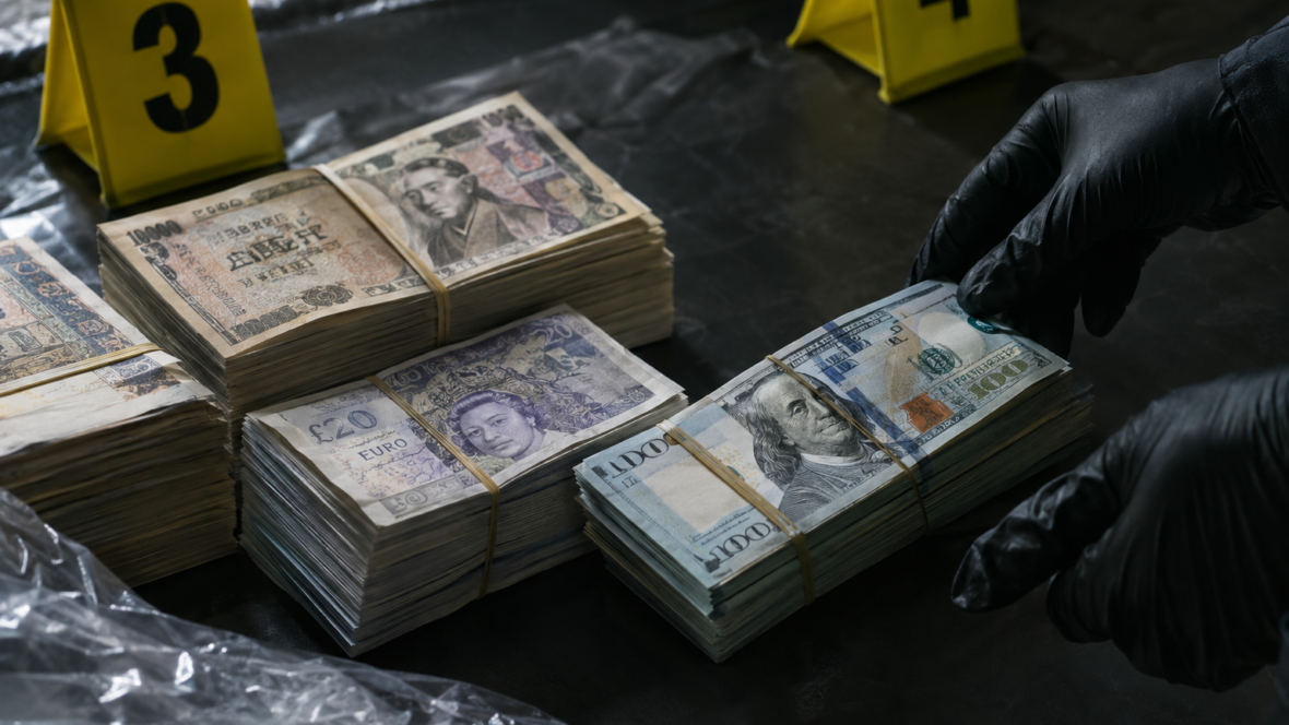 пачки банкнот різних валют з маркуванням речових доказів і рукавичками детективів