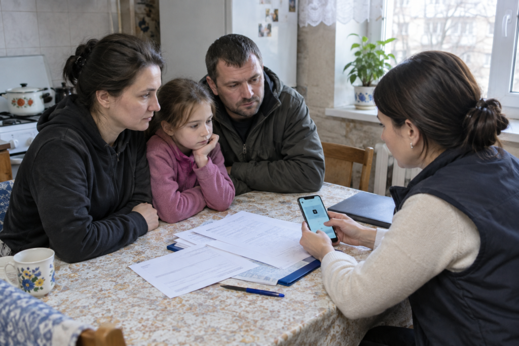 Українська родина на зустрічі з соціальним працівником за столом, документи й смартфон із додатком Дія