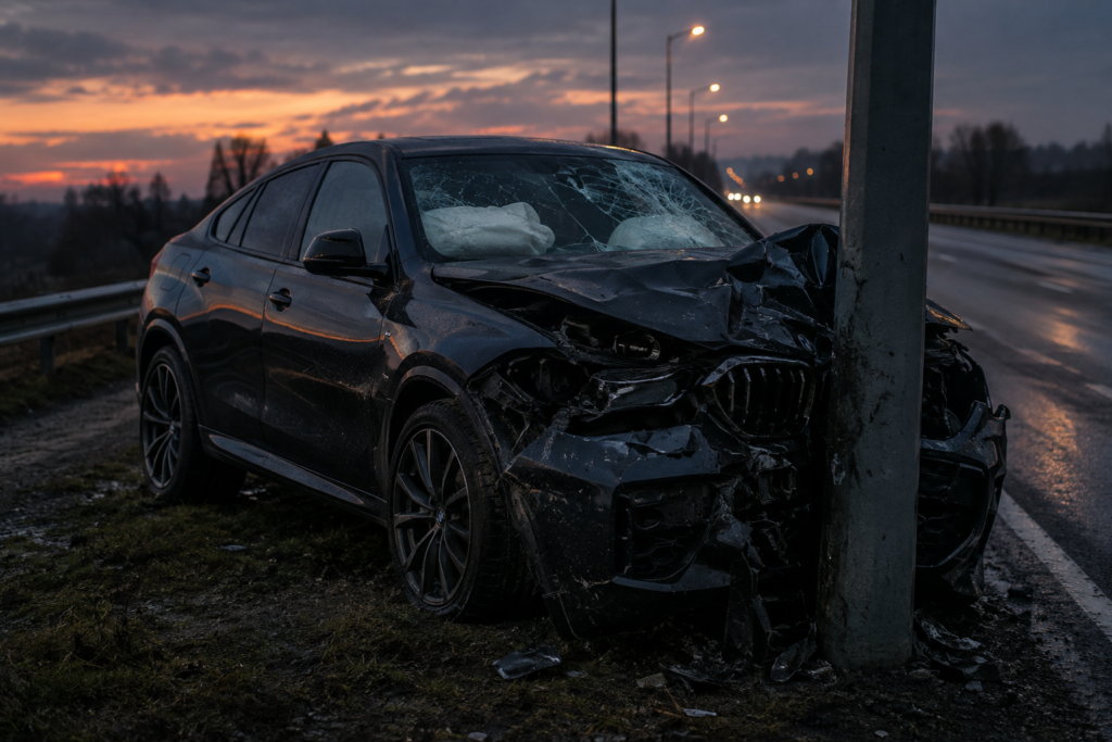 Пошкоджений BMW X6, що врізався у стовп ввечері
