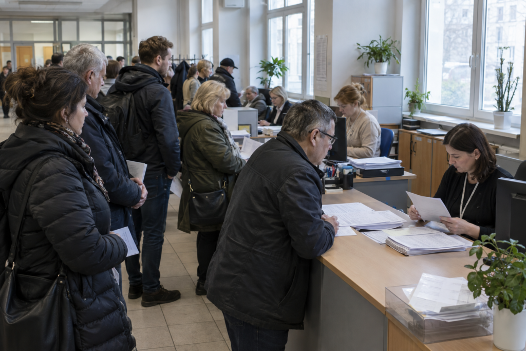 Люди у черзі в воєводському управлінні Польщі